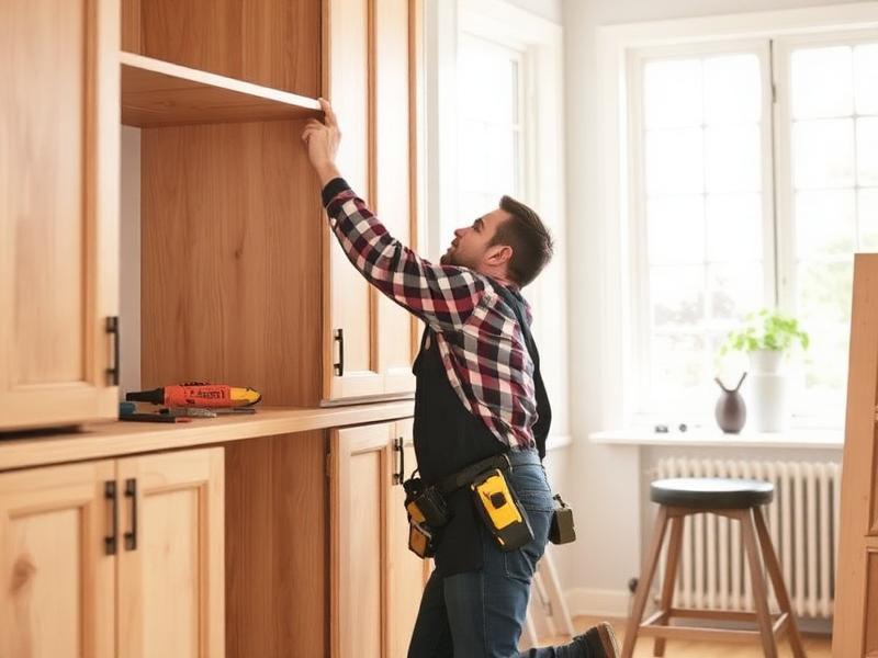 A contractor installing kitchen cabinetry in a sunlit home