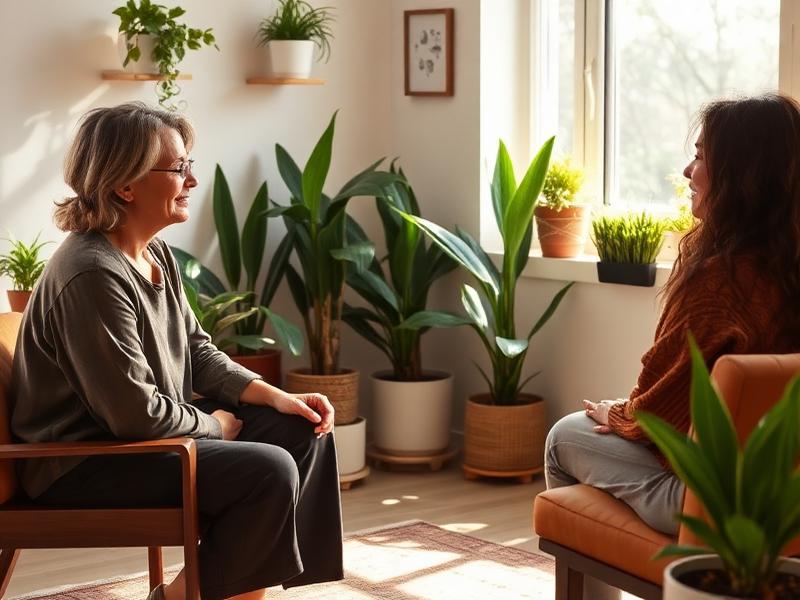 A therapist and client talking in a calm office filled with plants