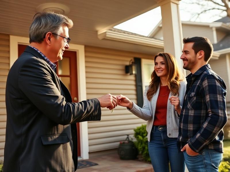 A real estate agent handing house keys to a couple on the porch of a home