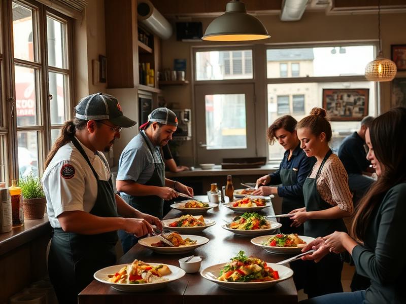 Restaurant staff plating food in a warm neighborhood kitchen