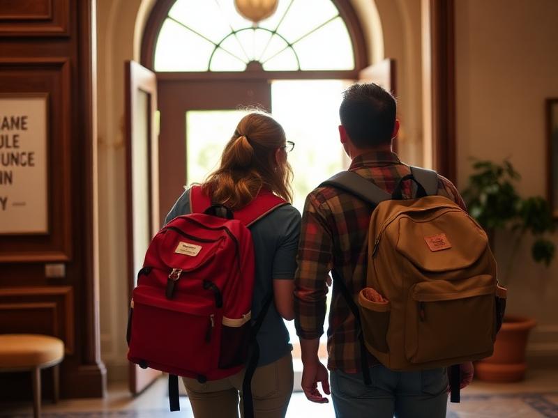 Two travelers with backpacks arriving at a boutique inn