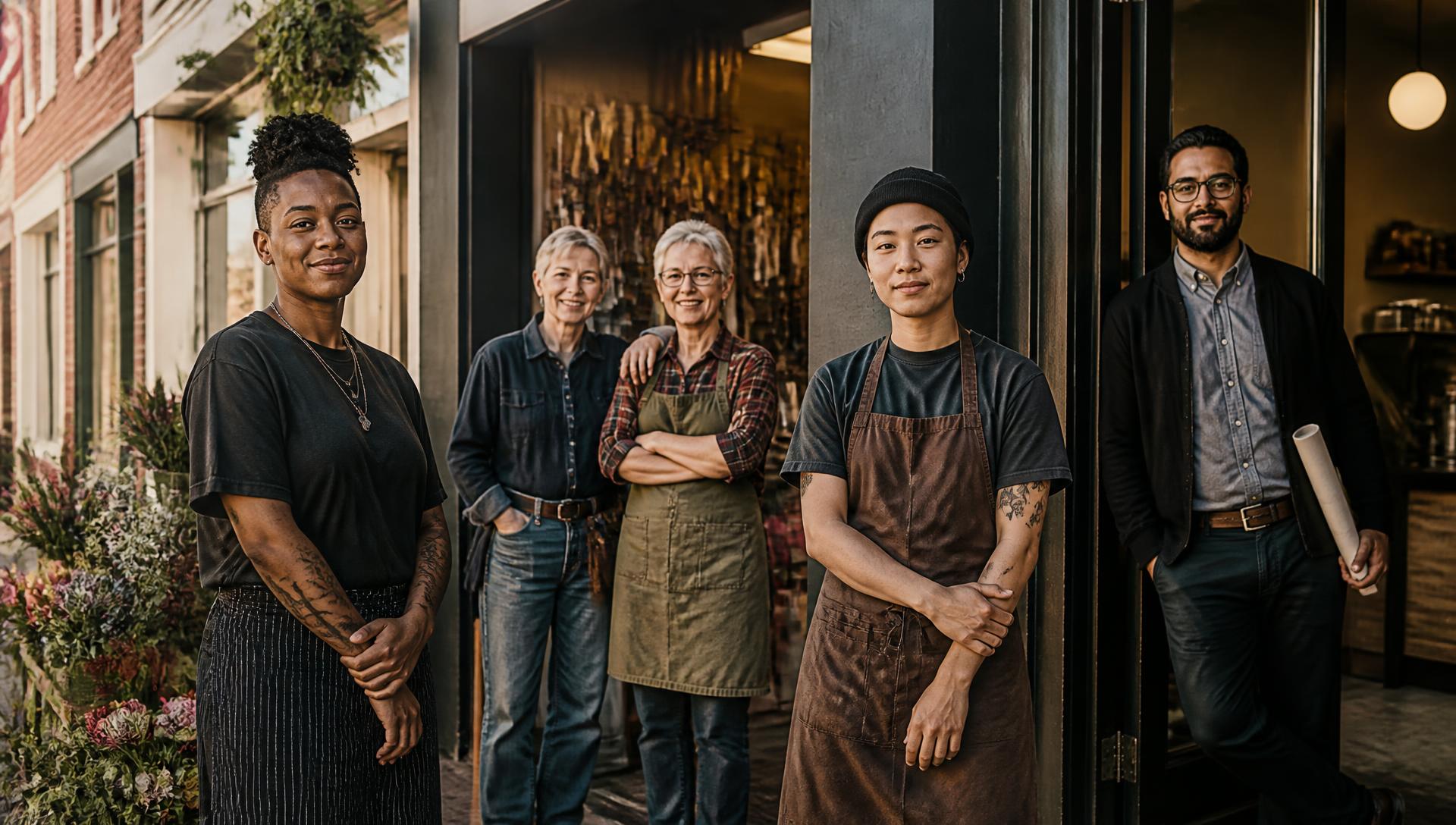 Small business owners from across the LGBTQ+ community standing outside their shops and studios